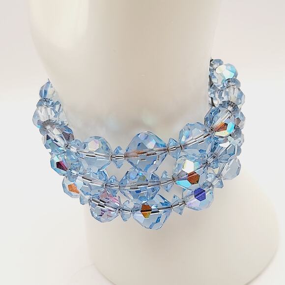 Vintage 1950s Light Blue Crystal Aurora Borealis Memory Wire Bracelet - Picture 8 of 10